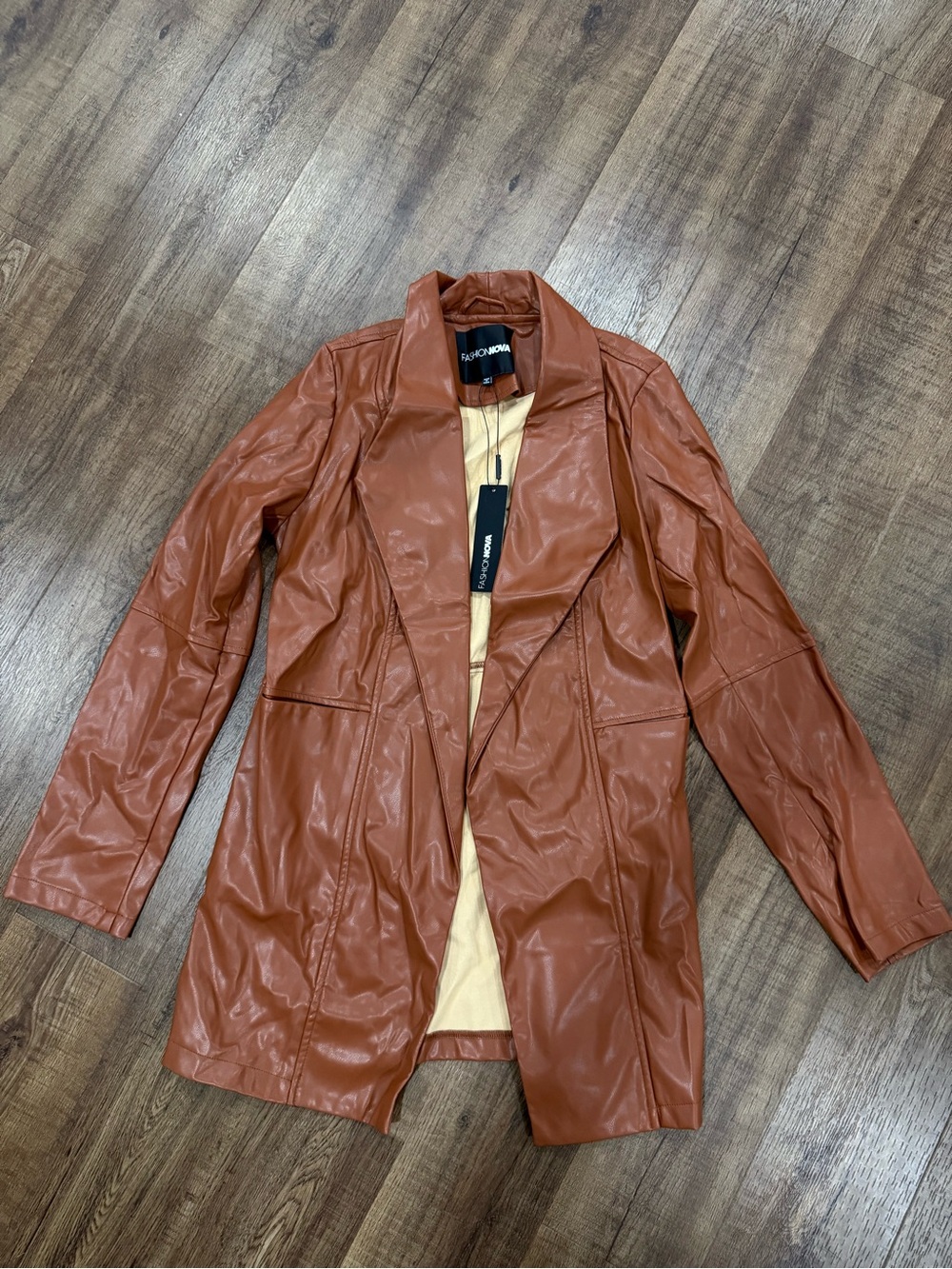 Fashion Nova Rust Brown Faux Leather Long Blazer Jacket